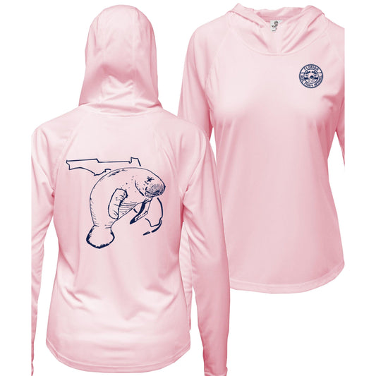 Women's pink long sleeve performance hoodie with Florida Manatee design, thumb holes, and Reel Fishy logo on the front