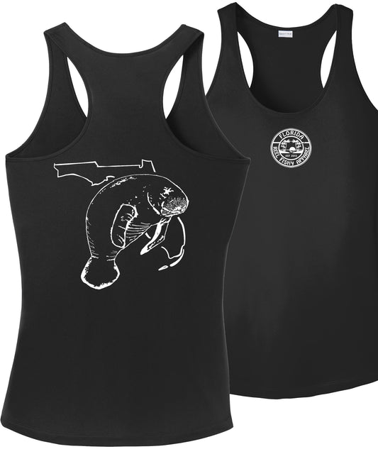 Women's Black Racerback Tank with Florida Manatee Logo by Reel Fishy Apparel
