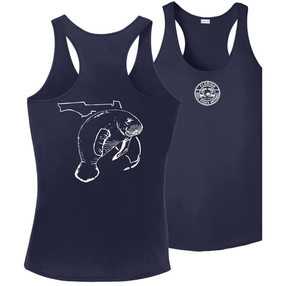 Women's Navy Racerback Tank with Florida Manatee Logo by Reel Fishy Apparel