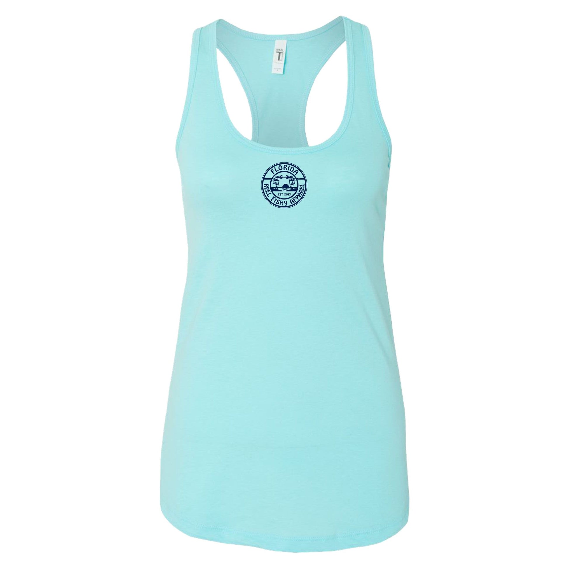 Women's light orange racerback tank top with Florida manatee design, Reel Fishy Florida logo on front, lightweight cotton blend fabric