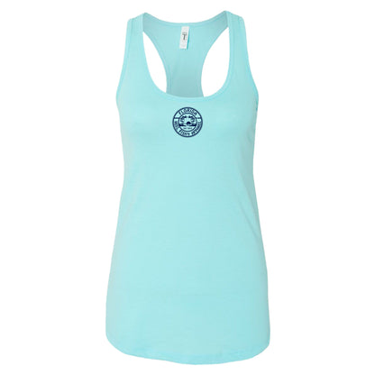 Women's light orange racerback tank top with Florida manatee design, Reel Fishy Florida logo on front, lightweight cotton blend fabric