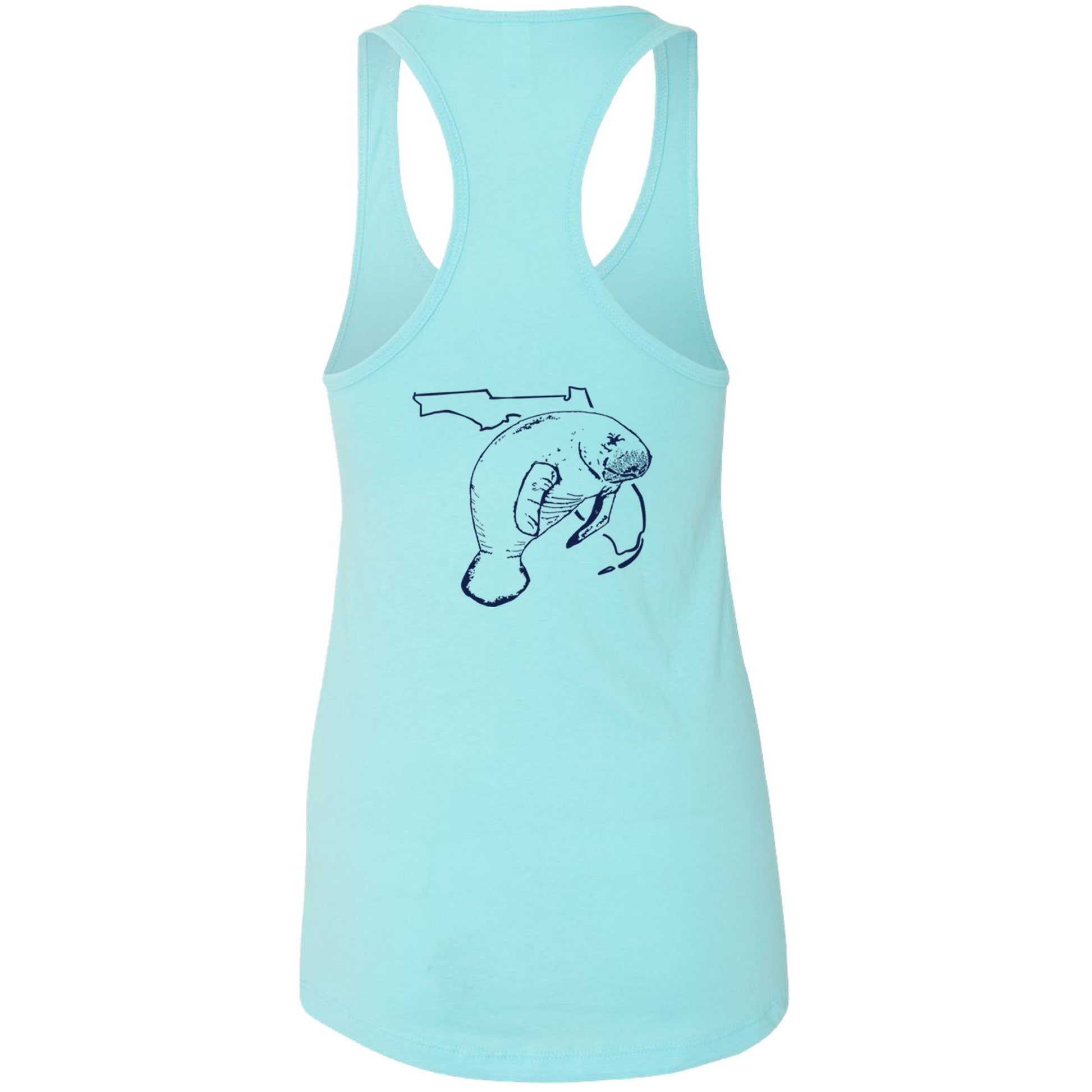 Women's aqua blue racerback tank top with Florida manatee design, Reel Fishy Florida logo on front, lightweight cotton blend fabric