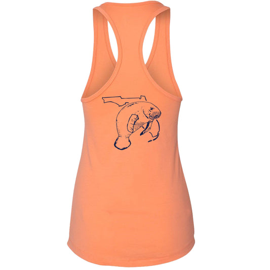 Women's light orange racerback tank top with Florida manatee design, Reel Fishy Florida logo on front, lightweight cotton blend fabric