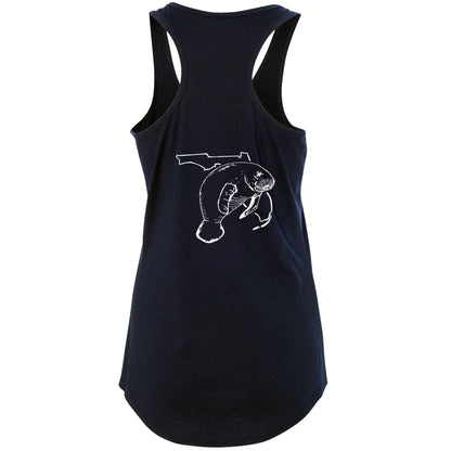 Women's navy racerback tank top with Florida manatee design, Reel Fishy Florida logo on front, lightweight cotton blend fabric