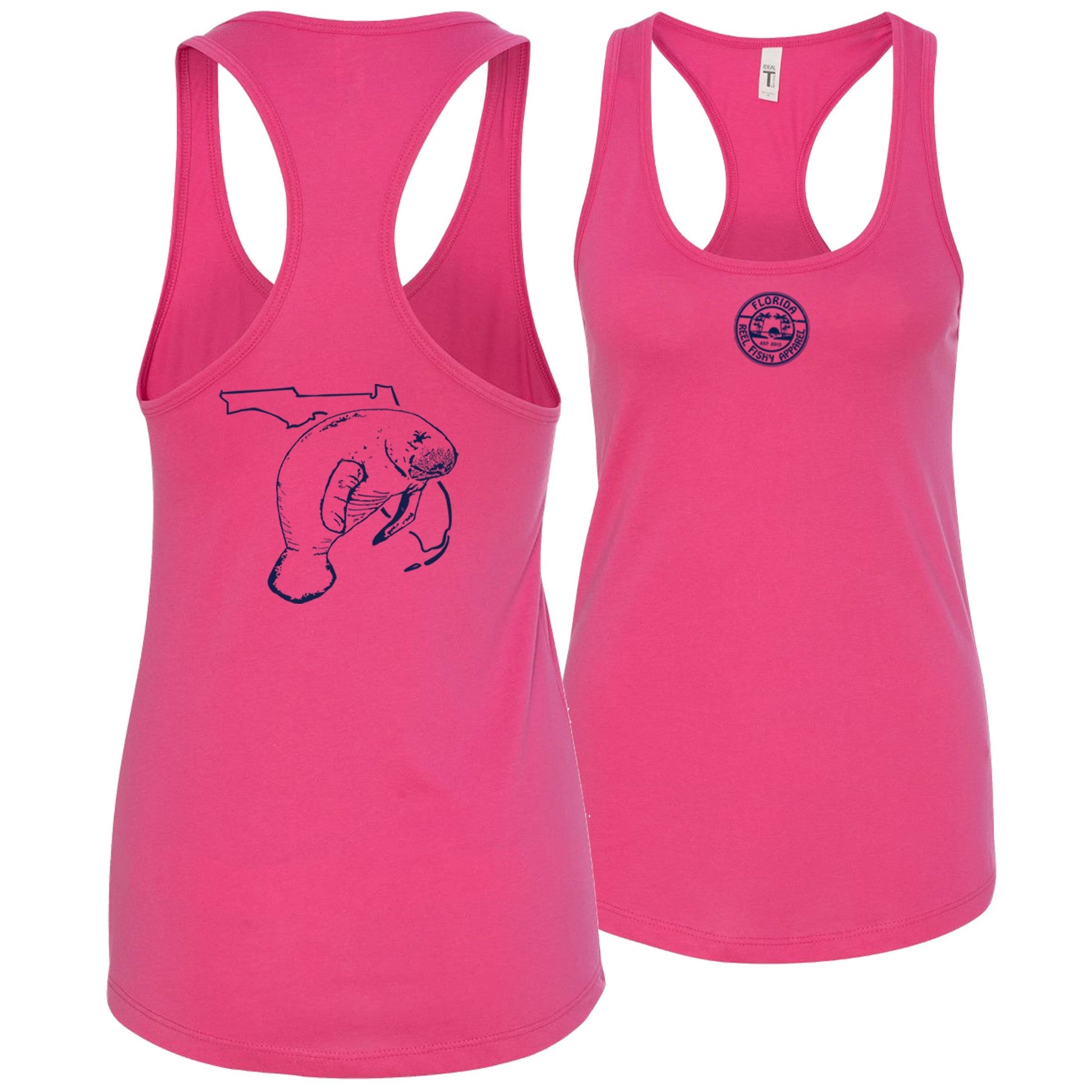 Women's pink racerback tank top with Florida manatee design, Reel Fishy Florida logo on front, lightweight cotton blend fabric