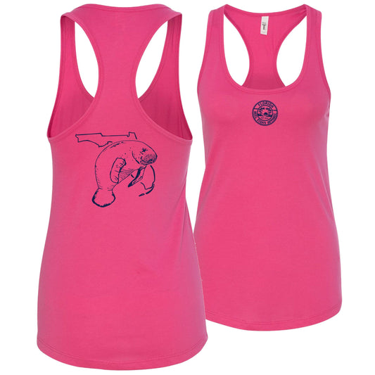 Women's pink racerback tank top with Florida manatee design, Reel Fishy Florida logo on front, lightweight cotton blend fabric