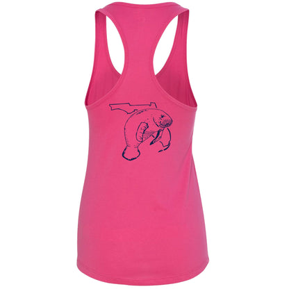 Women's pink racerback tank top with Florida manatee design, Reel Fishy Florida logo on front, lightweight cotton blend fabric