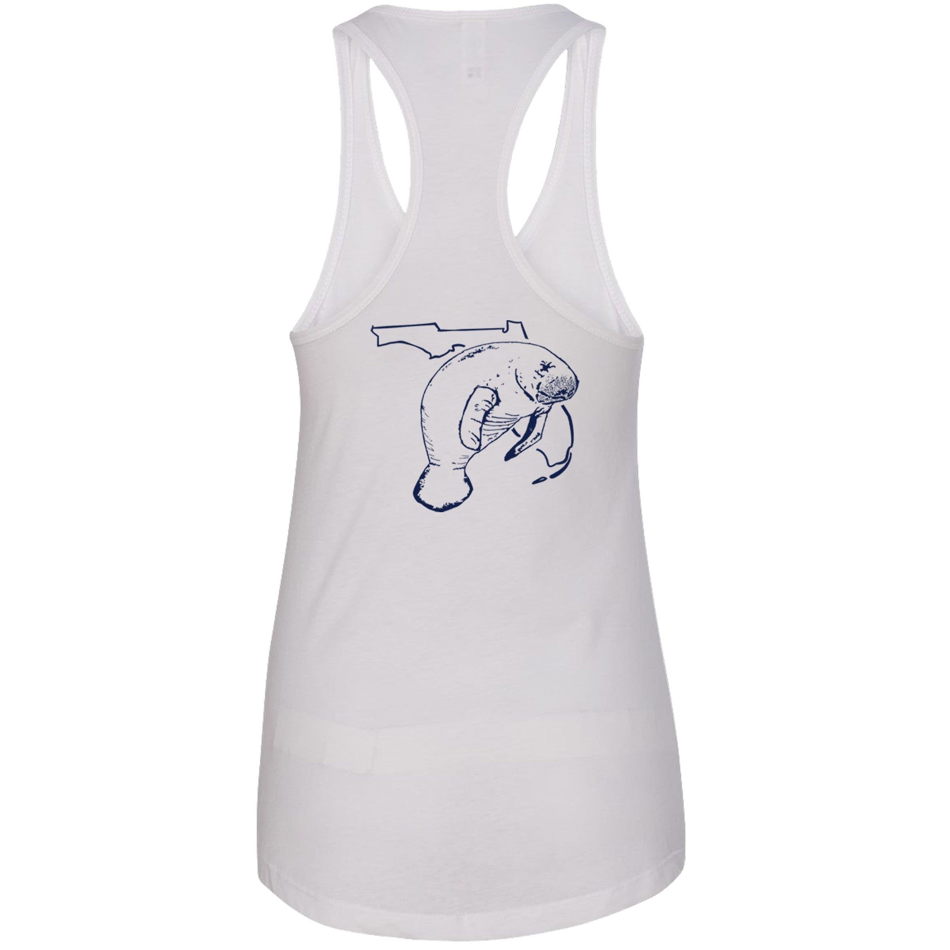 Women's white racerback tank top with Florida manatee design, Reel Fishy Florida logo on front, lightweight cotton blend fabric