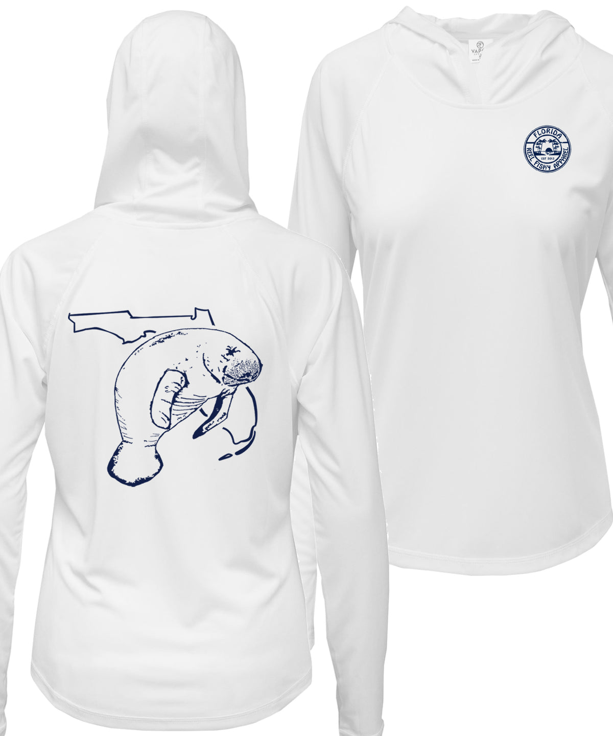 Women's white long sleeve performance hoodie with Florida Manatee design, thumb holes, and Reel Fishy logo on the front