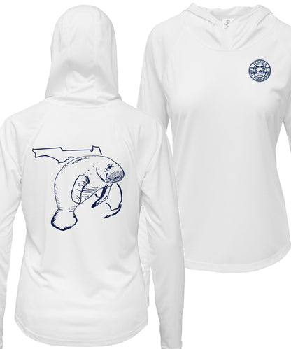 Women's white long sleeve performance hoodie with Florida Manatee design, thumb holes, and Reel Fishy logo on the front