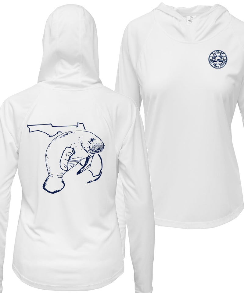 Women's white long sleeve performance hoodie with Florida Manatee design, thumb holes, and Reel Fishy logo on the front
