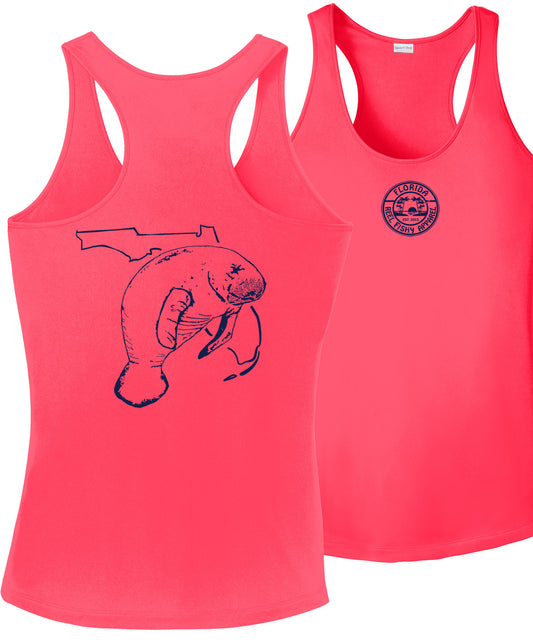 Women's Coral Racerback Tank with Florida Manatee Logo by Reel Fishy Apparel