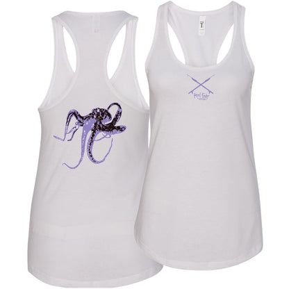 Women’s racerback tank top in white with purple octopus design on back, Reel Fishy Spears on front