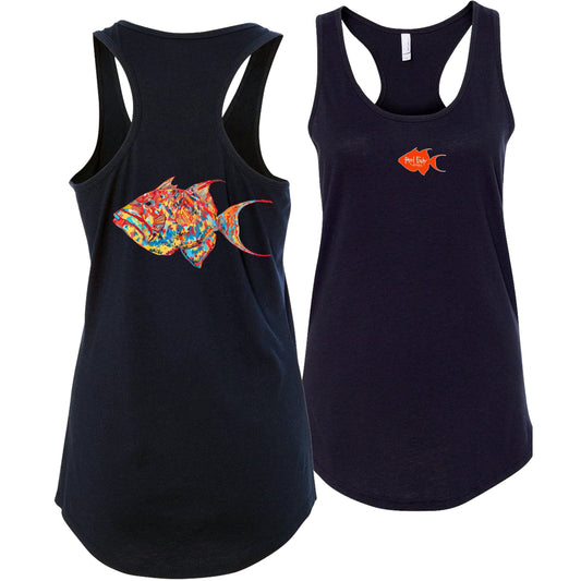 Women's navy blue racerback tank top with colorful triggerfish design, Reel Fishy triggerfish logo on front, lightweight cotton blend fabric