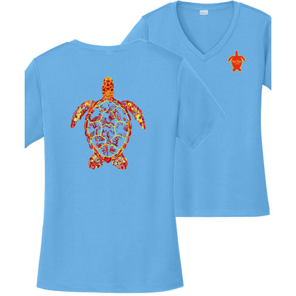 Women’s light blue short sleeve performance shirt, V-neck, colorful turtle design on back, and Reel Fishy turtle logo on front