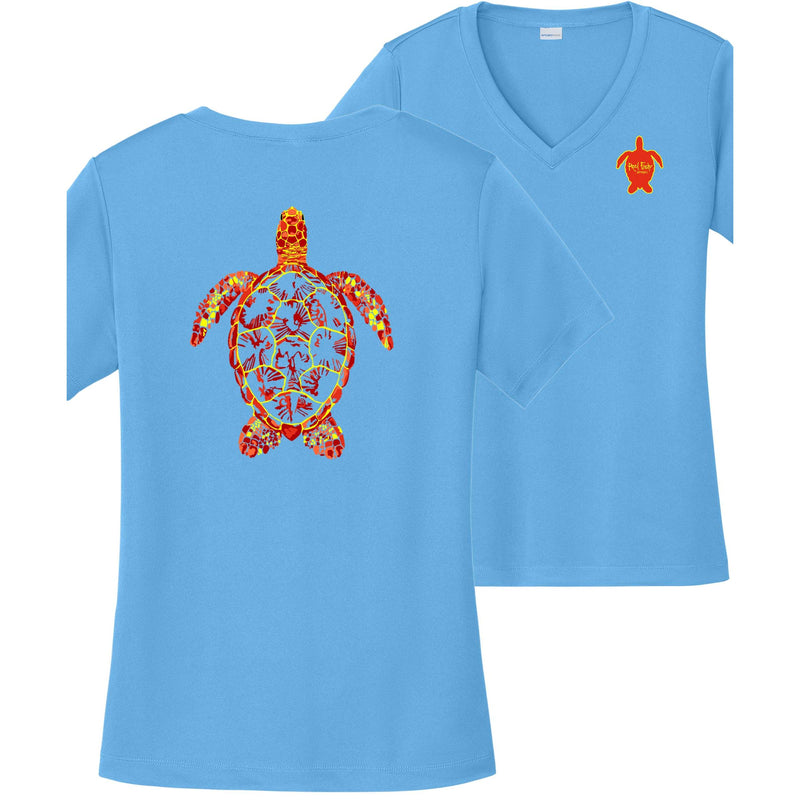 Women’s light blue short sleeve performance shirt, V-neck, colorful turtle design on back, and Reel Fishy turtle logo on front