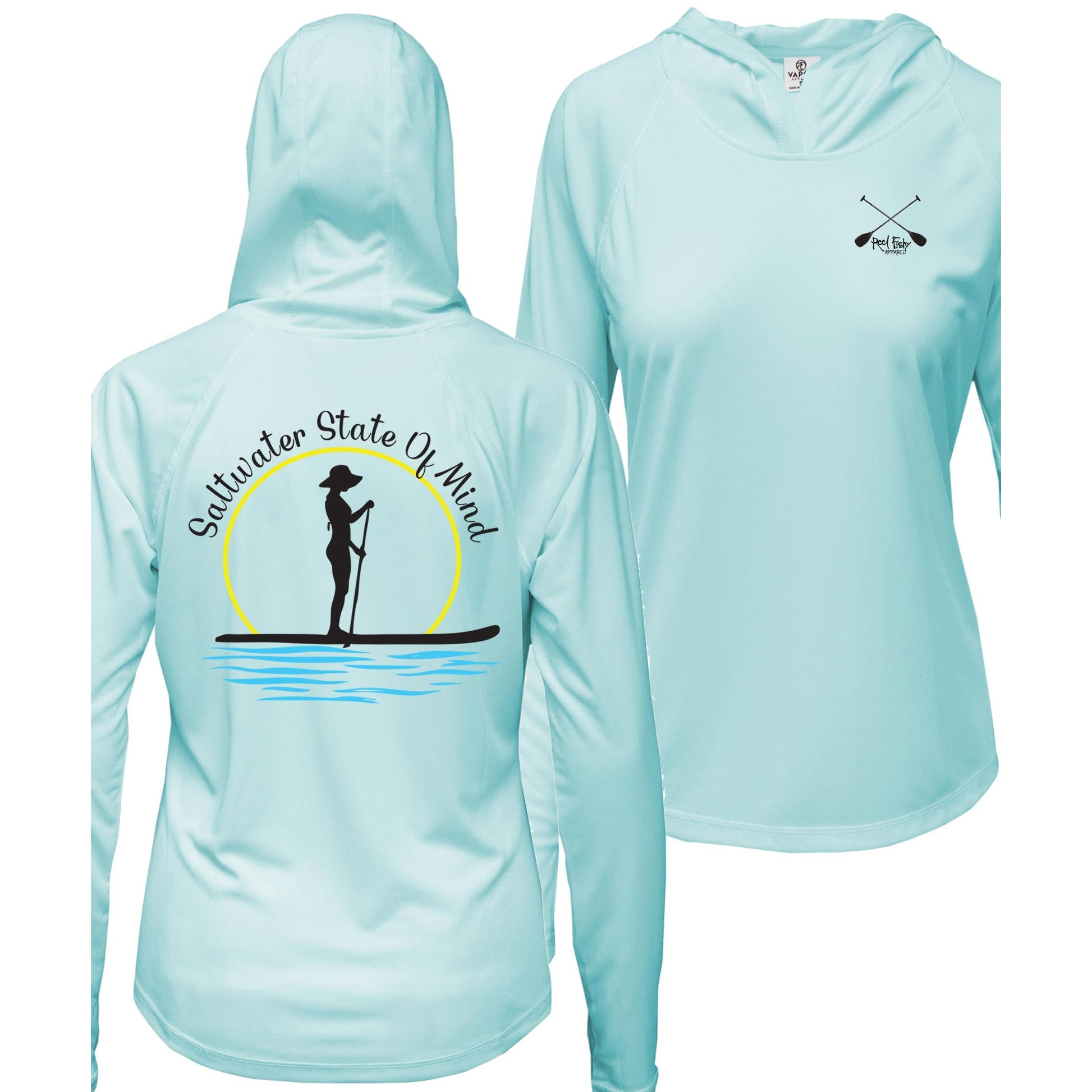 Womens light blue performance hoodie with Paddleboarder 'Saltwater State of Mind' design