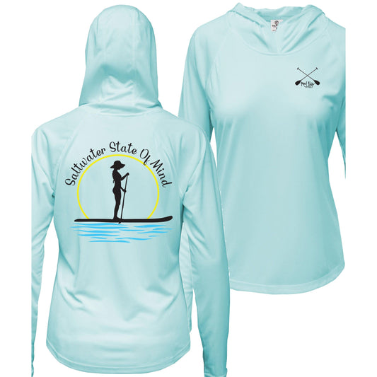 Womens light blue performance hoodie with Paddleboarder 'Saltwater State of Mind' design