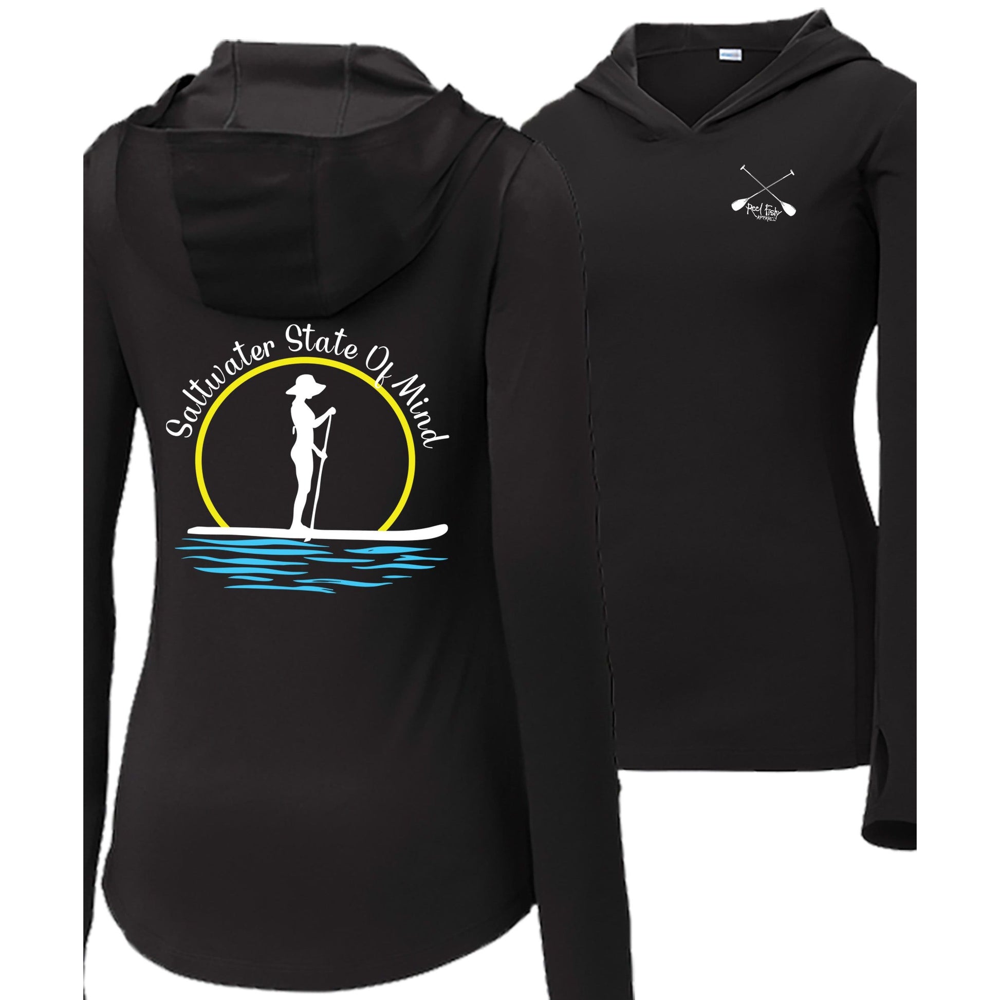 Womens black performance hoodie with Paddleboarder 'Saltwater State of Mind' design