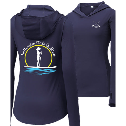 Womens navy performance hoodie with Paddleboarder 'Saltwater State of Mind' design