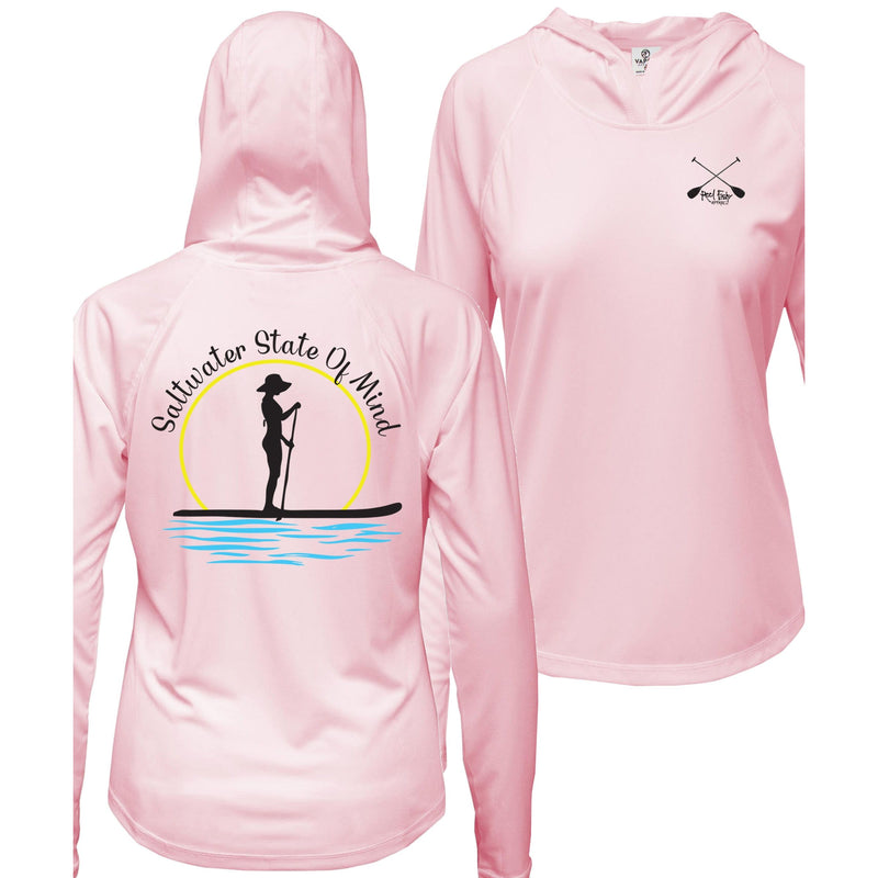 Womens pink performance hoodie with Paddleboarder 'Saltwater State of Mind' design