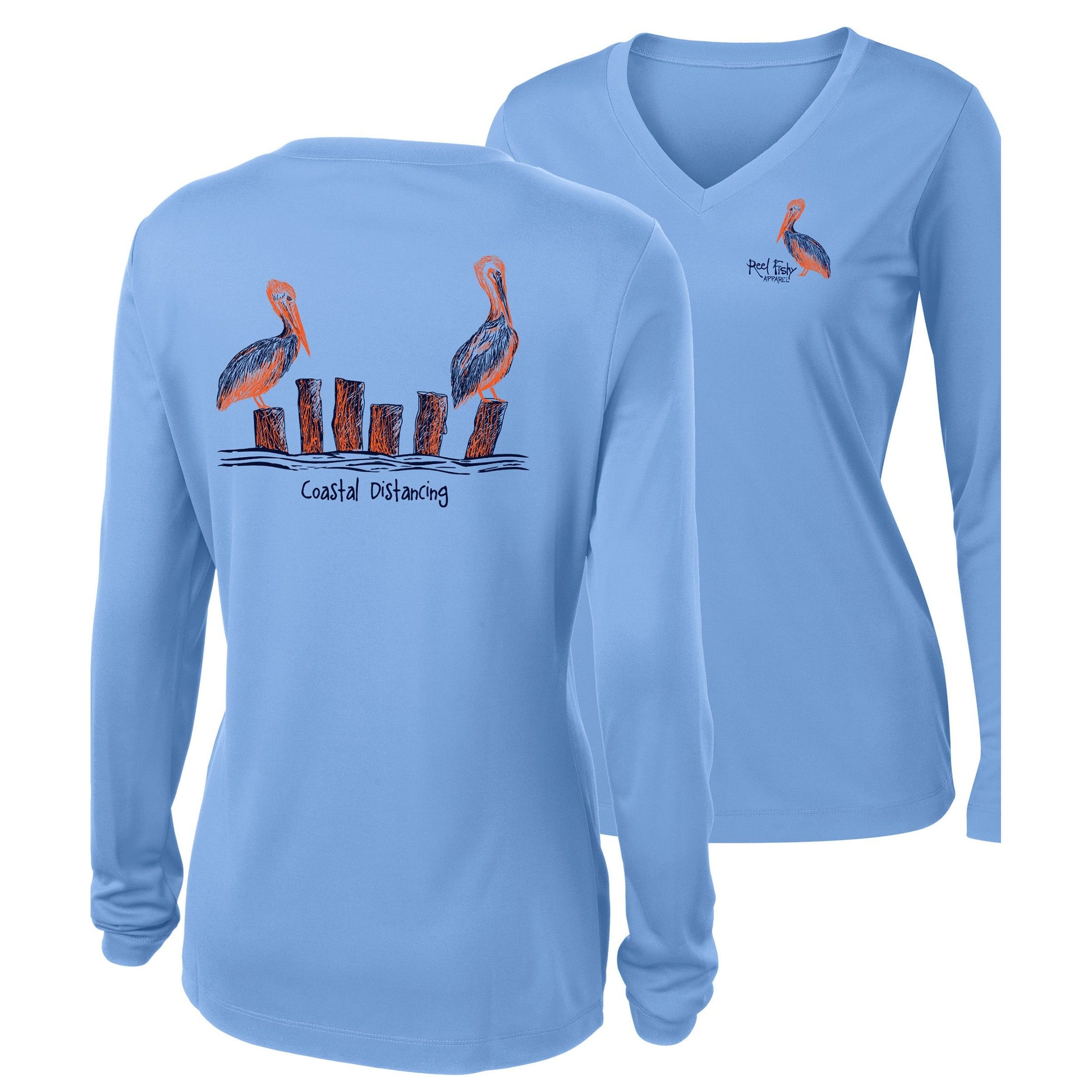 Women’s light blue long sleeve performance shirt, V-neck, pelicans "coastal distancing" design on back, and Reel Fishy Pelican logo on front