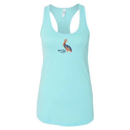 Women’s white racerback tank top with “Coastal Distancing” pelican design, lightweight cotton blend, Reel Fishy logo on front.