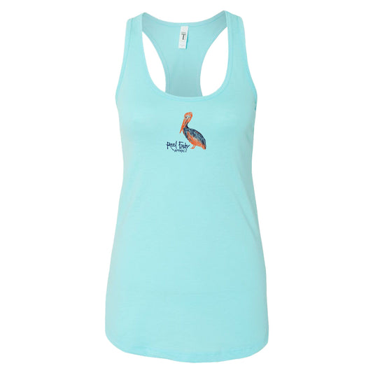 Women’s white racerback tank top with “Coastal Distancing” pelican design, lightweight cotton blend, Reel Fishy logo on front.