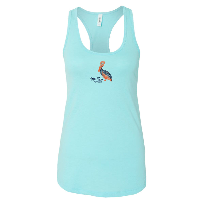 Women’s white racerback tank top with “Coastal Distancing” pelican design, lightweight cotton blend, Reel Fishy logo on front.