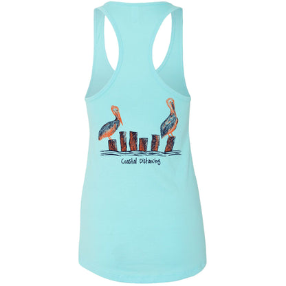 Women’s aqua blue racerback tank top with “Coastal Distancing” pelican design, lightweight cotton blend, Reel Fishy logo on front.