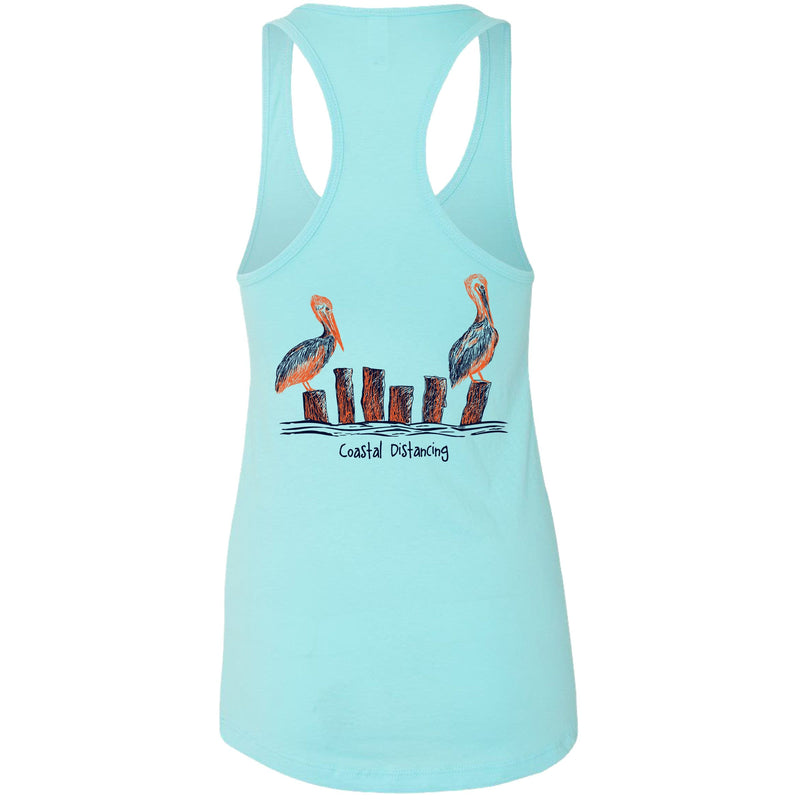 Women’s aqua blue racerback tank top with “Coastal Distancing” pelican design, lightweight cotton blend, Reel Fishy logo on front.