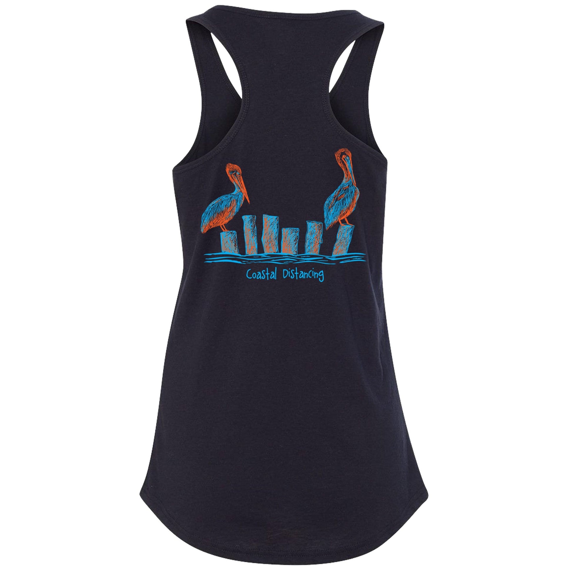 Women’s navy blue racerback tank top with “Coastal Distancing” pelican design, lightweight cotton blend, Reel Fishy logo on front.