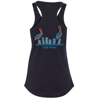 Women’s navy blue racerback tank top with “Coastal Distancing” pelican design, lightweight cotton blend, Reel Fishy logo on front.