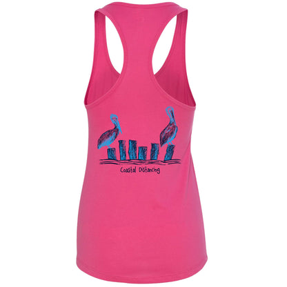 Women’s pink racerback tank top with “Coastal Distancing” pelican design, lightweight cotton blend, Reel Fishy logo on front.