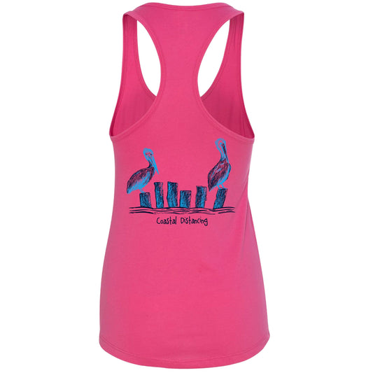 Women’s pink racerback tank top with “Coastal Distancing” pelican design, lightweight cotton blend, Reel Fishy logo on front.