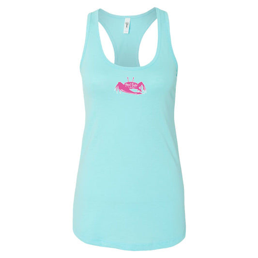 Women's aqua blue racerback tank top with fiddler crab design on the back, Reel Fishy fiddler crab logo on front