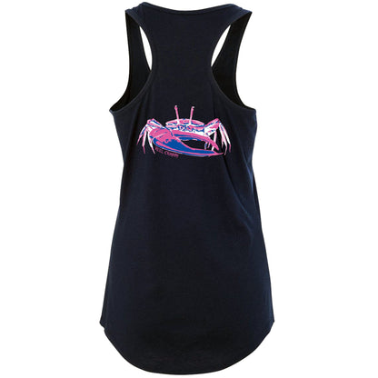 Women's navy racerback tank top with fiddler crab design on the back, Reel Fishy fiddler crab logo on front