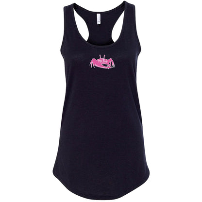 Women's navy racerback tank top with fiddler crab design on the back, Reel Fishy fiddler crab logo on front