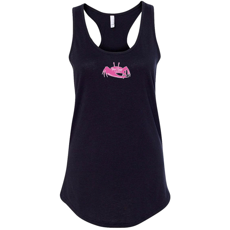 Women's navy racerback tank top with fiddler crab design on the back, Reel Fishy fiddler crab logo on front