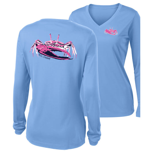 Women’s light blue long sleeve performance sun shirt, V-neck, fiddler crab design on back, and Reel Fishy fiddler crab logo on front