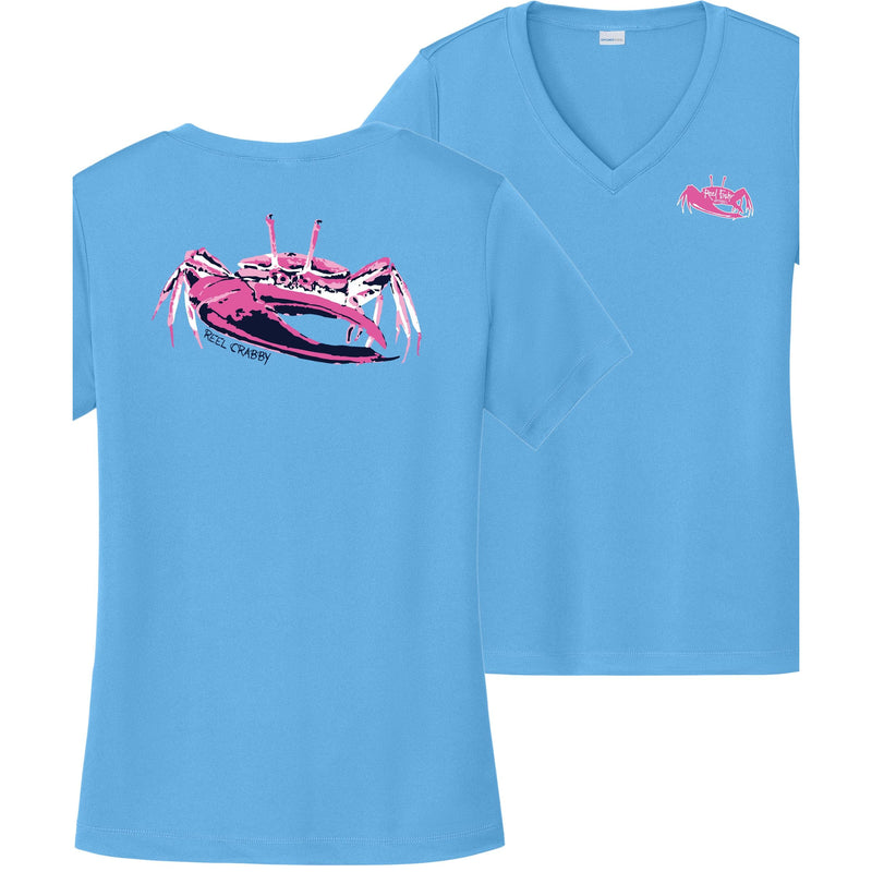 Women’s light blue short sleeve performance sun shirt, V-neck, fiddler crab design on back, and Reel Fishy fiddler crab logo on front