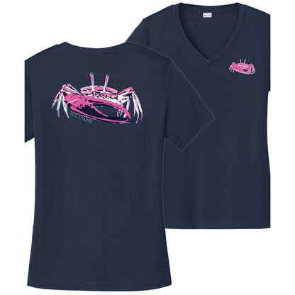 Women’s navy short sleeve performance sun shirt, V-neck, fiddler crab design on back, and Reel Fishy fiddler crab logo on front
