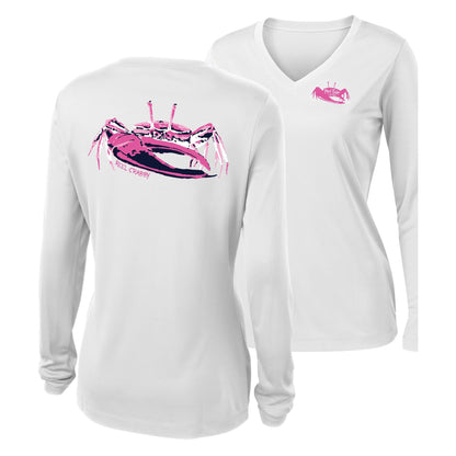 Women’s white long sleeve performance sun shirt, V-neck, fiddler crab design on back, and Reel Fishy fiddler crab logo on front