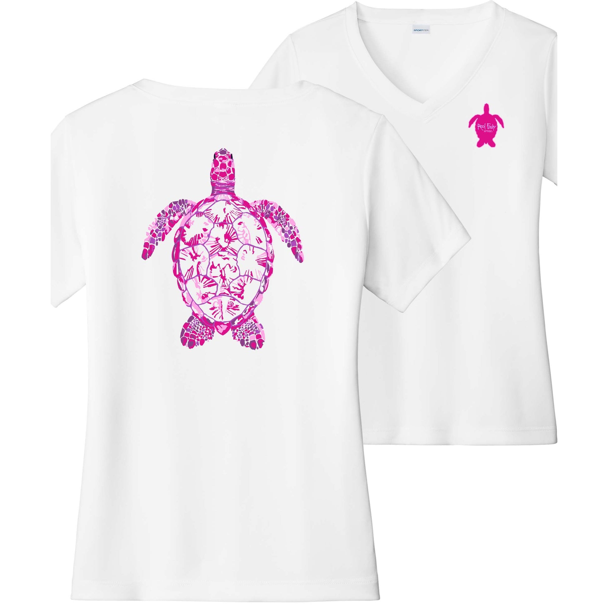 Women’s white short sleeve performance shirt, V-neck, colorful turtle design on back, and Reel Fishy turtle logo on front