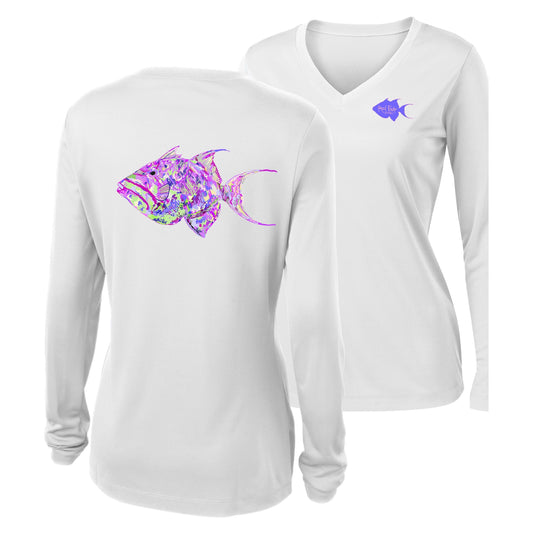 Women’s white V-neck long sleeve performance shirt, colorful triggerfish design on back, Reel Fishy logo on front.
