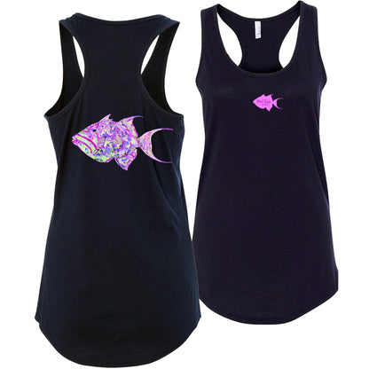 Women's navy blue racerback tank top with colorful triggerfish design, Reel Fishy triggerfish logo on front, lightweight cotton blend fabric