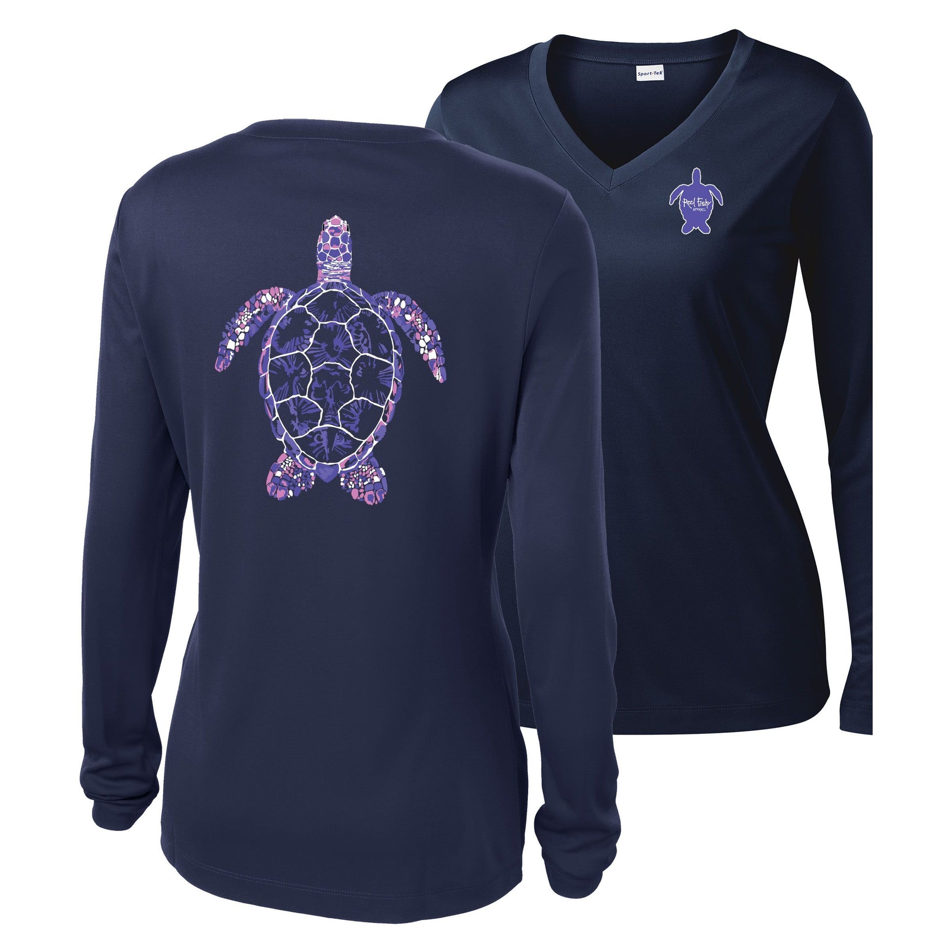 Women’s navy long sleeve performance shirt, V-neck, colorful turtle design on back, and Reel Fishy turtle logo on front