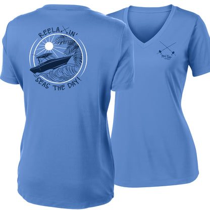 Ladies light blue short sleeve V-neck performance dry-fit shirt with Reelaxin’ – Seas the Day logo on the back and Reel Fishy Salt Rods logo on the front.