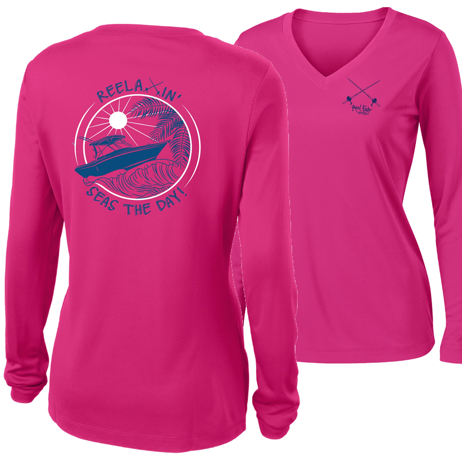 Ladies pink long sleeve V-neck performance dry-fit shirt with Reelaxin’ – Seas the Day logo on the back and Reel Fishy Salt Rods logo on the front.