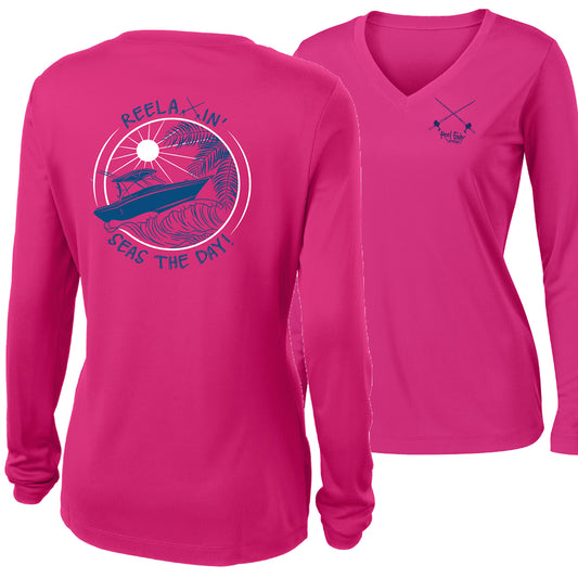 Ladies pink long sleeve V-neck performance dry-fit shirt with Reelaxin’ – Seas the Day logo on the back and Reel Fishy Salt Rods logo on the front.